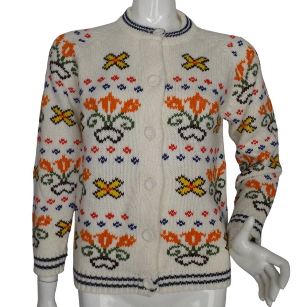 FAY LOU Cardigan Sweater, M, Floral, White, Covered Buttons, Vintage 50s/60s
